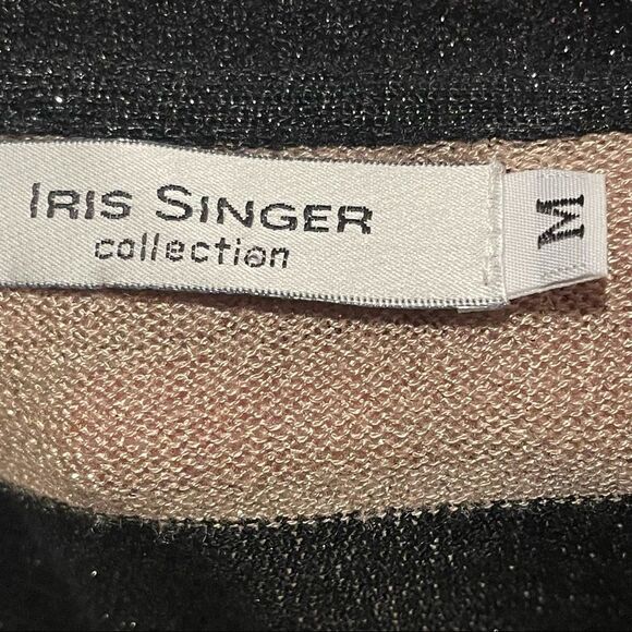 IRIS SINGER COLLECTION Gold & Black Shimmering  Striped button cardigan, Size M - Picture 2 of 4